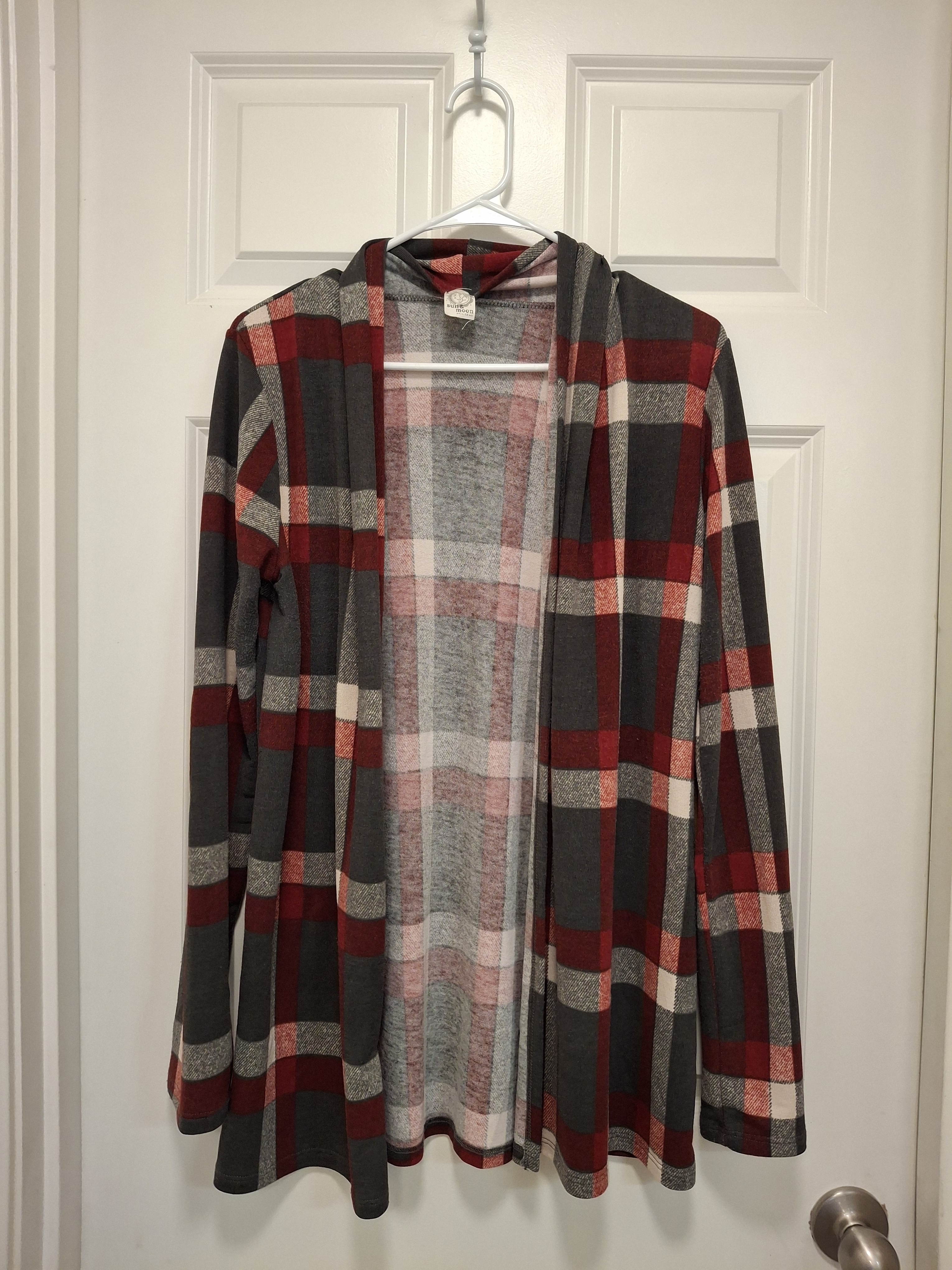 Plaid Open-Front Hooded Cardigan In Red, Gray & Cream